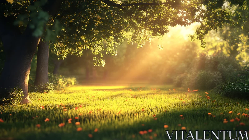 Sunlit forest clearing with grass and scattered orange flowers.