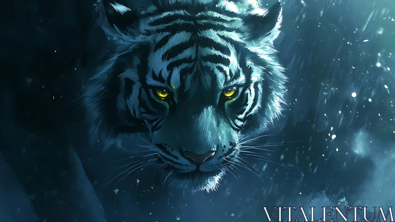 White tiger emerges through icy darkness with fierce golden gaze
