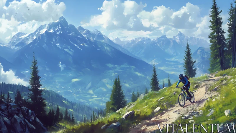 Alpine Mountain Landscape with Gravel Trail Cyclist and Layered Summit Perspective