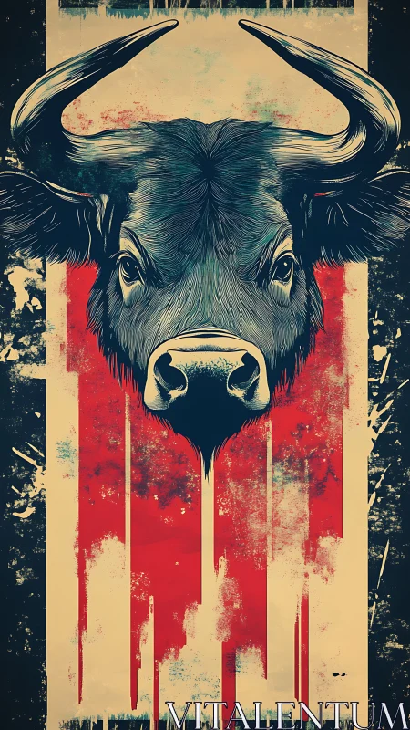 Storm‑horned buffalo crowned by bold dripping stripes.