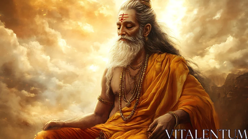 Serene sage in golden meditation amid radiant clouds.