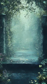 Misty forest passage with overgrown ivy and soft teal light.