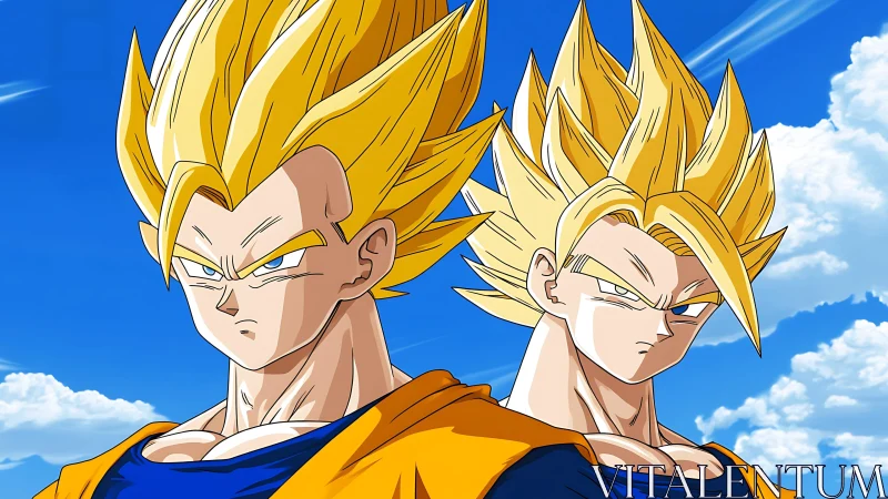 Twin golden‑haired anime warriors under vibrant blue sky