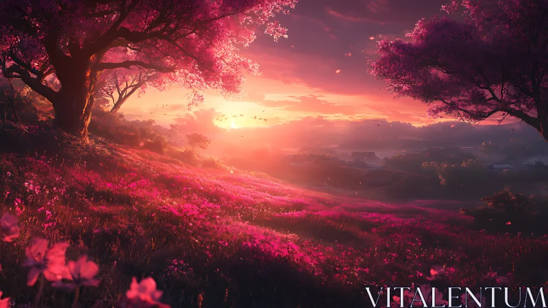Sunset bathes a fantasy cherry blossom valley in glowing serenity