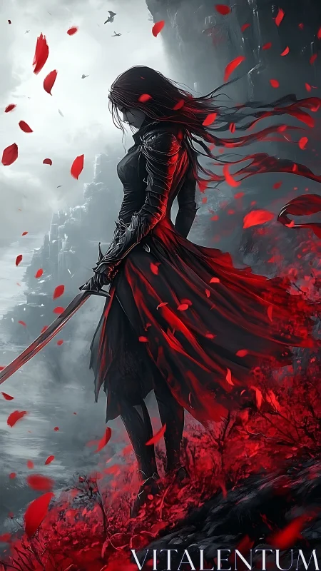 Warrior figure stands with sword amid red petals and mist
