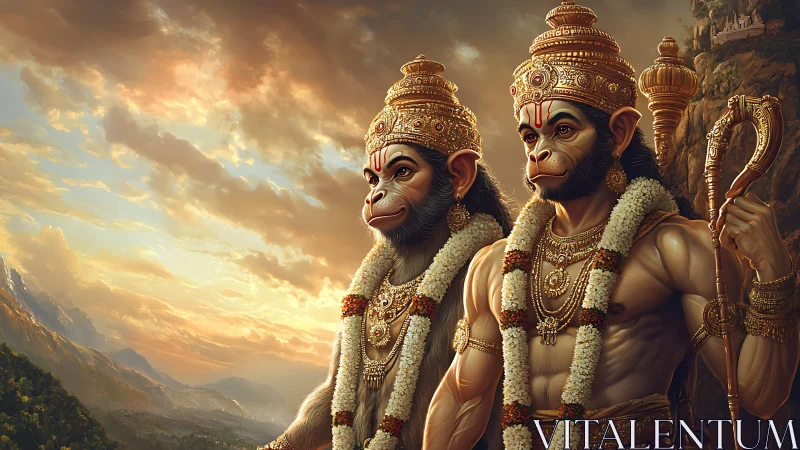 Divine monkey warriors stand vigilant beneath a blazing sky