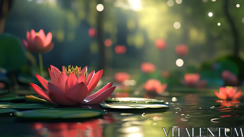 Pink lotus blooms glow over tranquil bokeh pond at dusk.