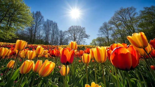 Wide-angle tulip field under high midday sun with backlit petals