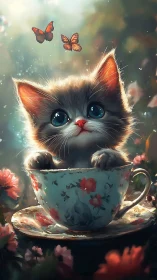 Kitten in Floral Teacup with Butterflies.