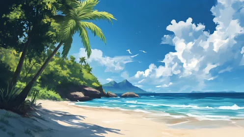 Tropical Coastal Landscape with Volcanic Peaks and Palm Tree Canopy
