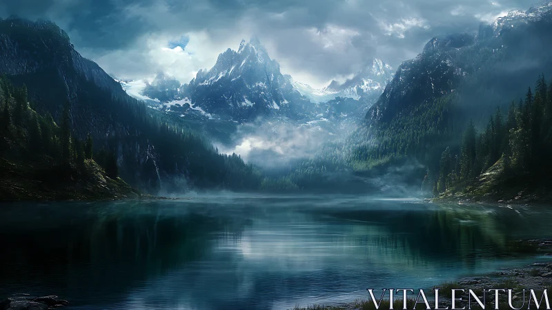 Mountain lake with mist, conifer forests, and snowy peaks.