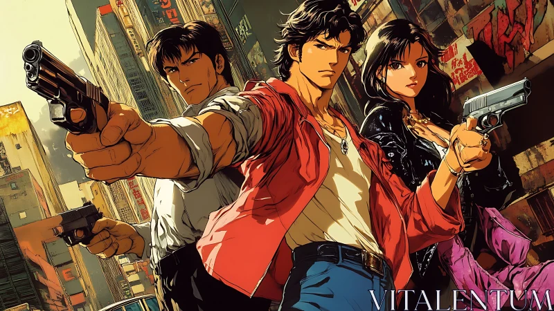 Triadic gunfighters confront viewer in neon-soaked urban alleyway