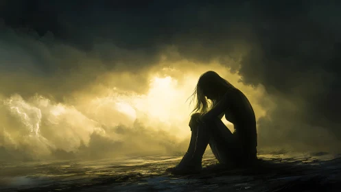 Silhouetted seated figure is positioned before dense backlight