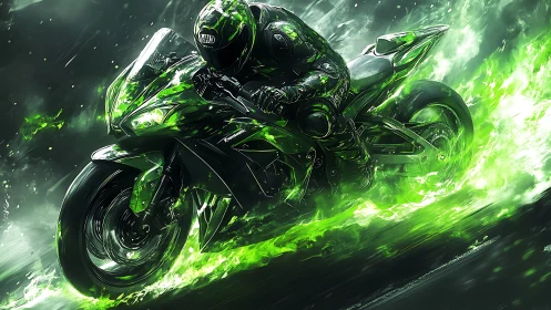Plasma-green superbike carves neon fire through midnight rain