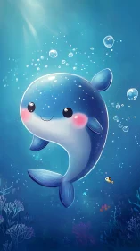 Cute cartoon whale swimming through bright blue ocean.