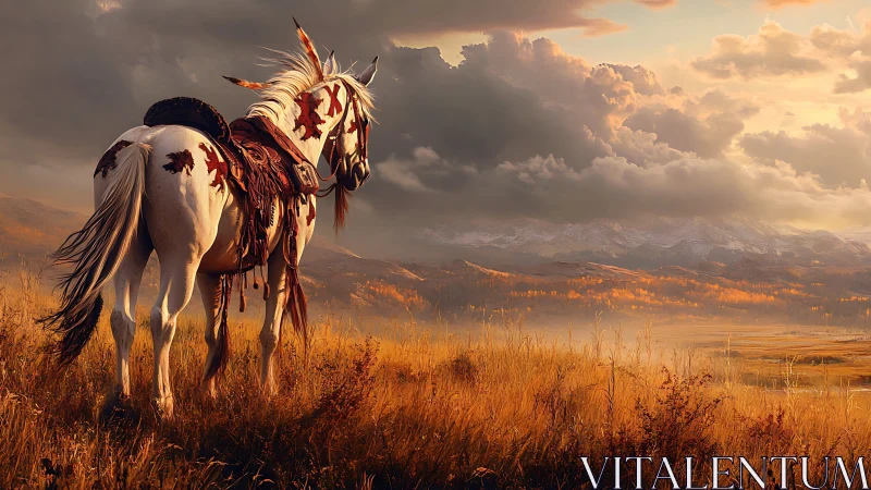 Painted horse in autumn plains under stormy sunset.