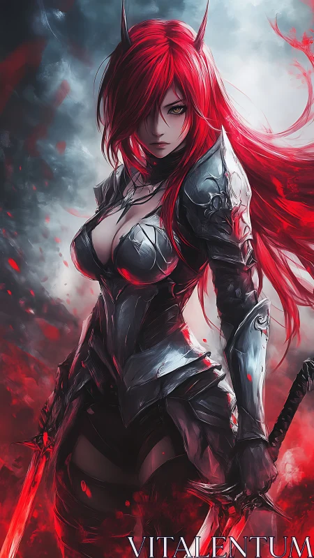 Armored demoness warrior wields dual crimson energy blades in storm