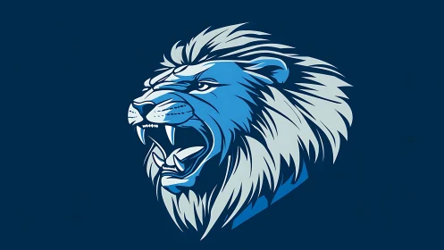 Roaring blue lion head illustration on dark background.