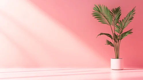 Green indoor palm in white pot against soft pink wall.