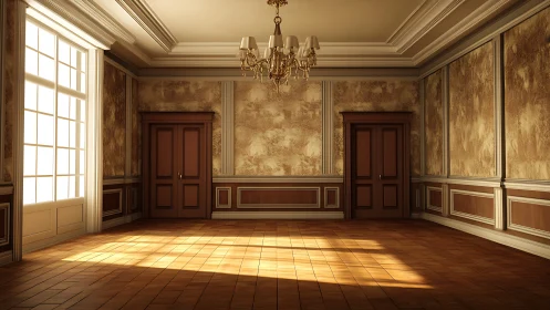 Sunlit neoclassical salon with twin doors and chandelier.