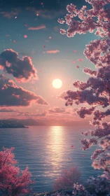 Lunar-lit sakura coast with falling petals over calm sea.