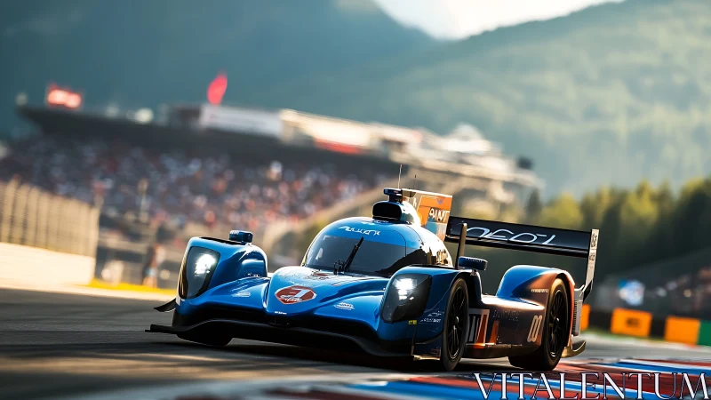 Blue endurance prototype race car exits corner at speed