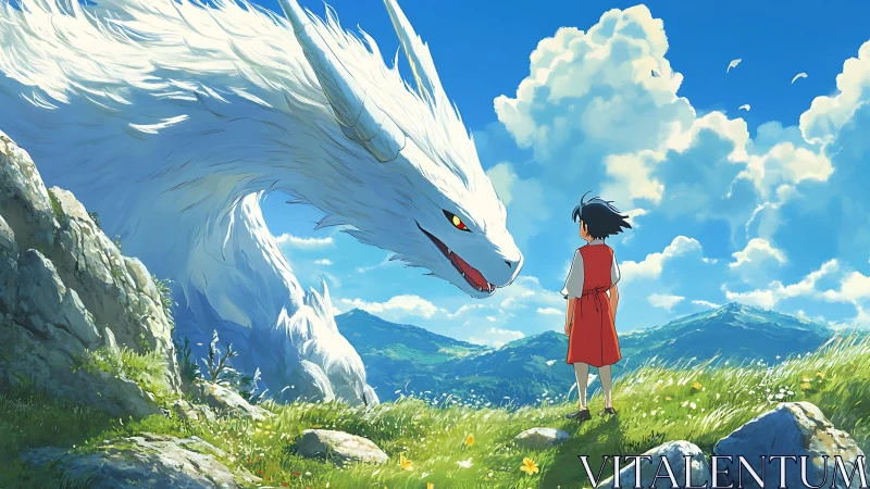 White dragon faces child on sunlit grassy hillside under clouds