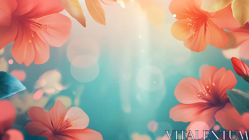 Red Flowers Against Turquoise Light: Soft Focus Botanical Design.