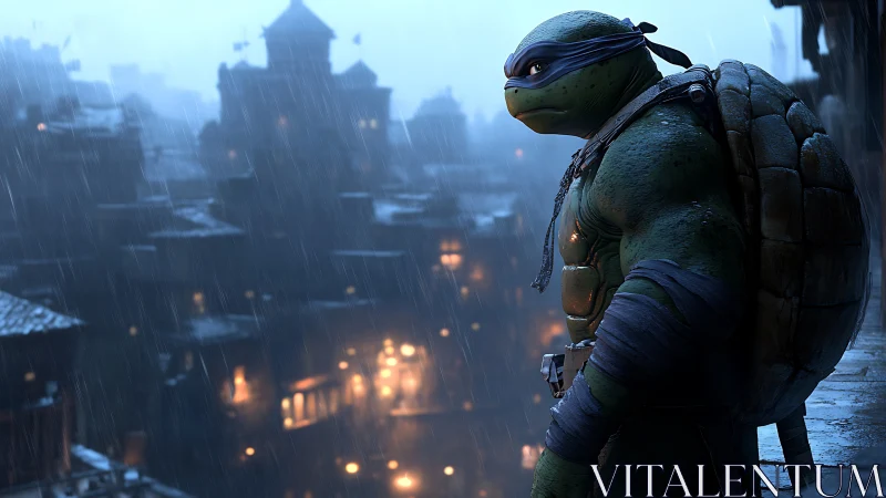 Mutant turtle warrior overlooking rainy city at night.