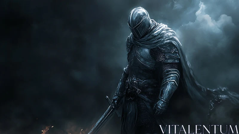 Armored dark knight stands in stormy blue battlefield mist.