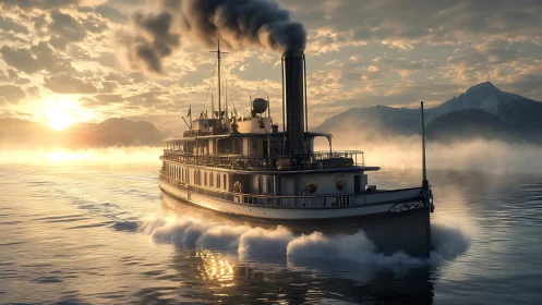 Golden-hour steamship glides calmly through misty mountain lake