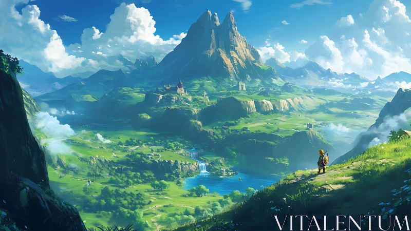 Heroic figure surveys expansive fantasy valley in luminous light