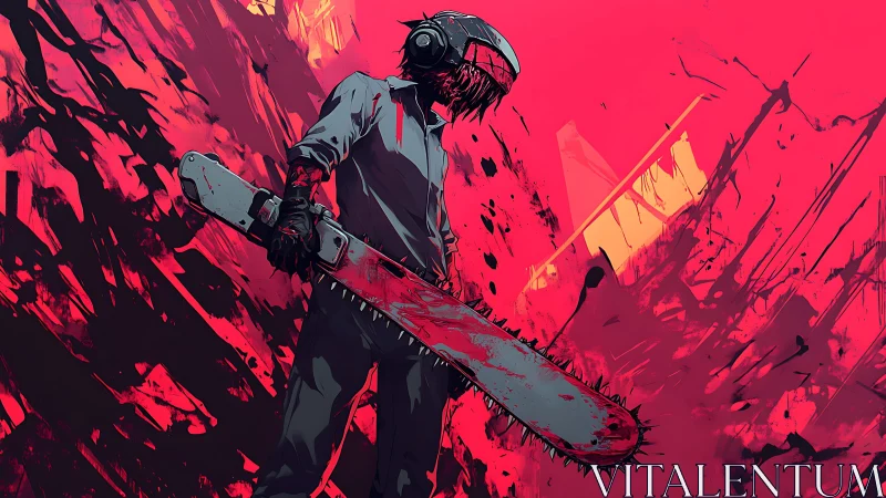 Chainsaw warrior stands amid neon blood-splattered chaos.