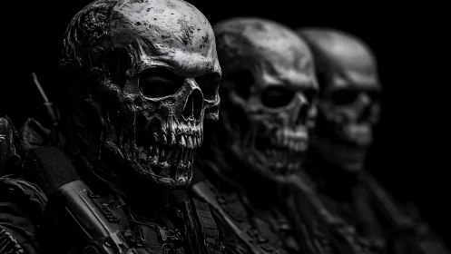 Tactical skeletal soldiers in low key formation with armor detail