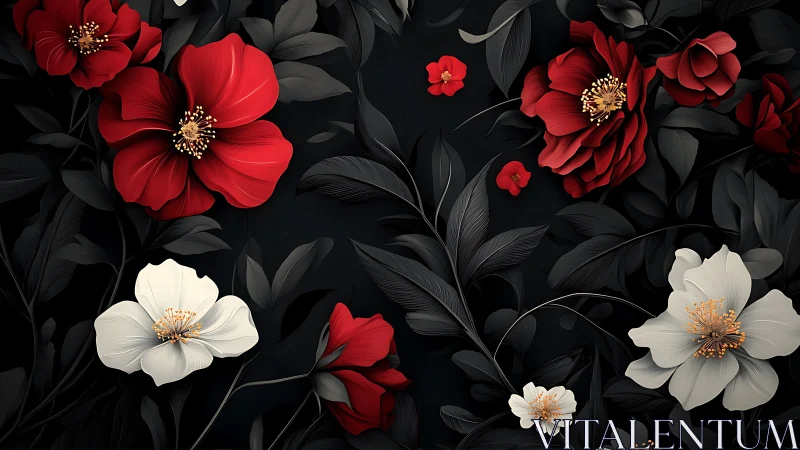 Botanical Elegance: Red and White Peonies on Charcoal Background.