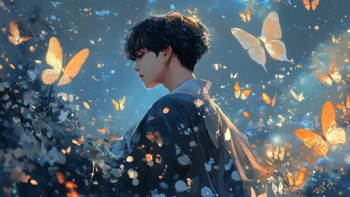 Side-lit figure amid luminescent butterflies in ethereal dusk