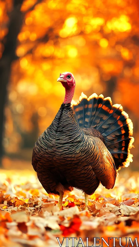 Autumn forest tom turkey with iridescent plumage in bokeh light.