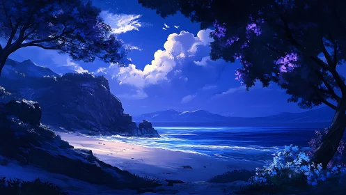 Moonlit cove reveals tranquil shoreline under deep blue sky