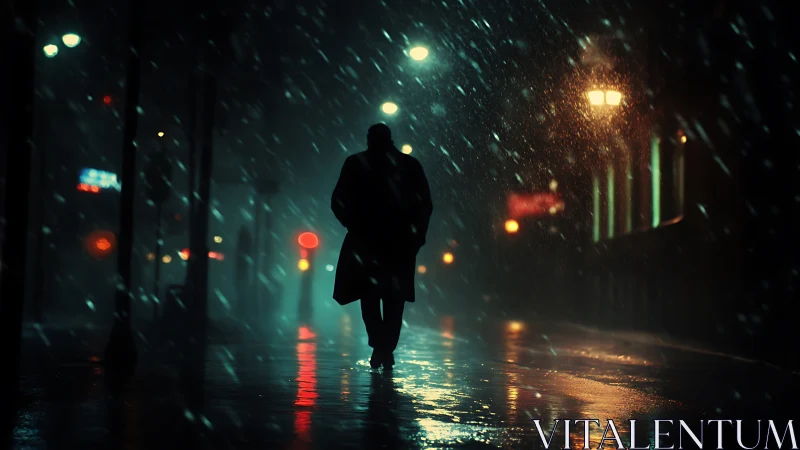 Silhouette in neon rain on nocturnal city street.