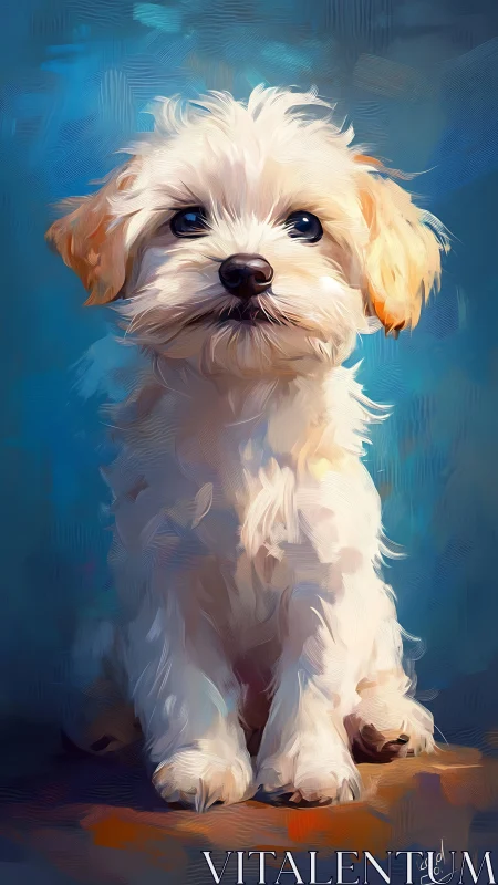 Fluffy white puppy gazes upward in painterly blue glow.