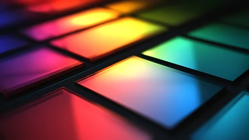 Colorful glass panels glowing with soft rainbow light.