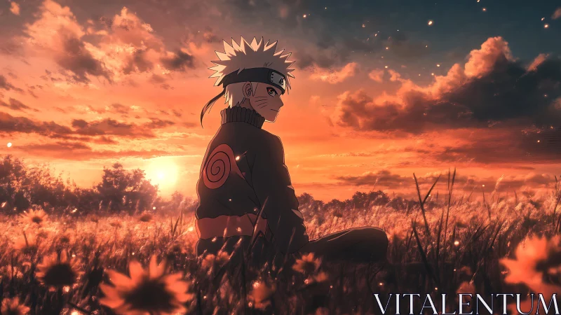 Solitary anime ninja in glowing sunset flower field scene.