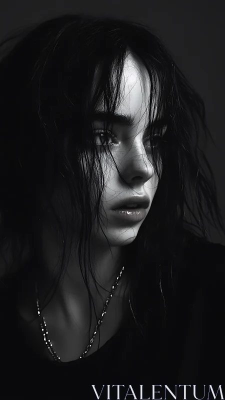 Brooding monochrome portrait of young woman in shadowed light.