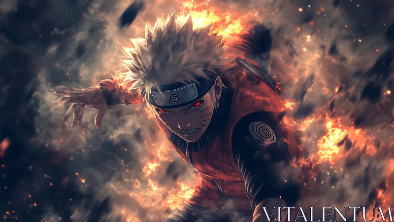 Anime ninja character charges forward through fiery explosion