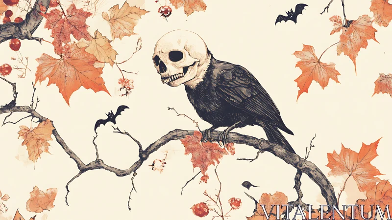 Crow with skull head on branch amid autumn leaves illustration.