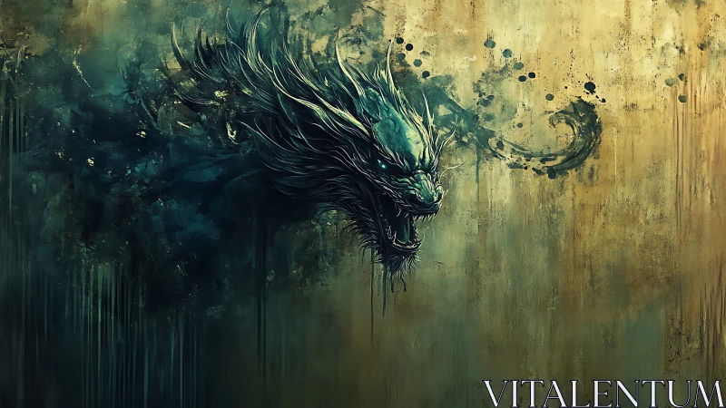 Ethereal teal dragon head emerging from abstract paint field