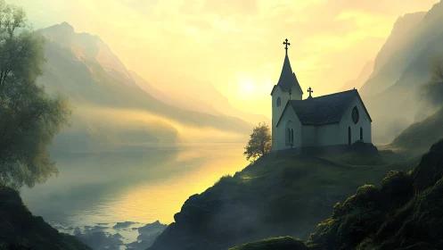 Digital painting of lakeside chapel in misty alpine valley.