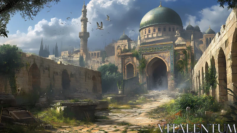 Sunlit domed palace welcomes travelers along a quiet path