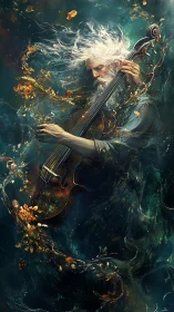 Elderly cellist in swirling abstract aquatic environment.