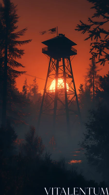 Silhouetted forest watchtower intercepts a low, incendiary sunset